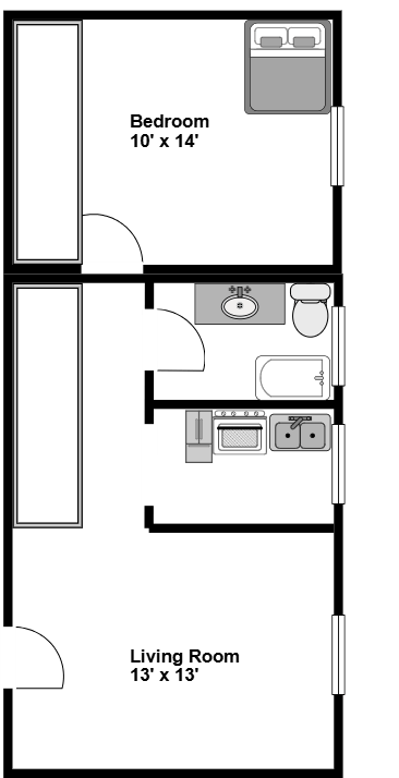 A floor plan of a small apartment with a bedroom and living room.